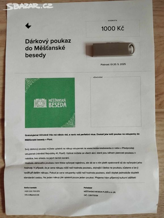 1.000 Kč Dárkový voucher - Měšťanská beseda Plzeň