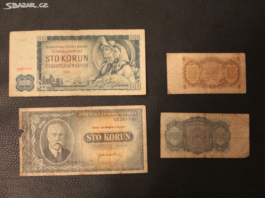 100 Kčs 1945 a 1961 + 3 Kčs 1961 + 1 Kčs 1953