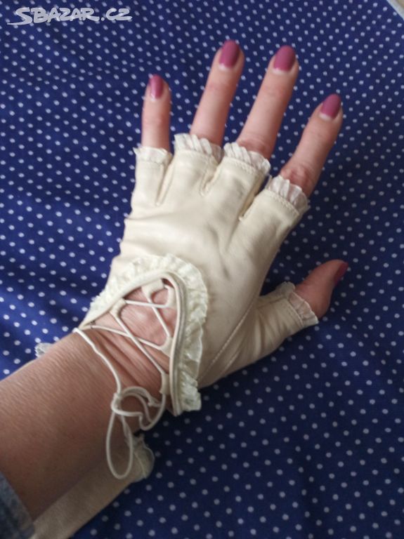 Nové dámské kožené rukavice bez prstů s volánky