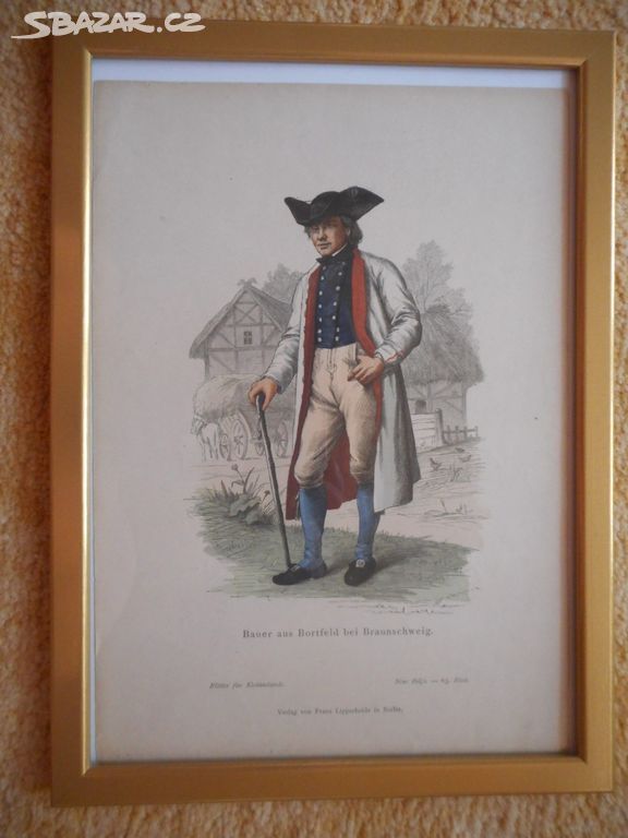 Ručně kolorovaná mědirytina z roku 1841 - rám,sklo
