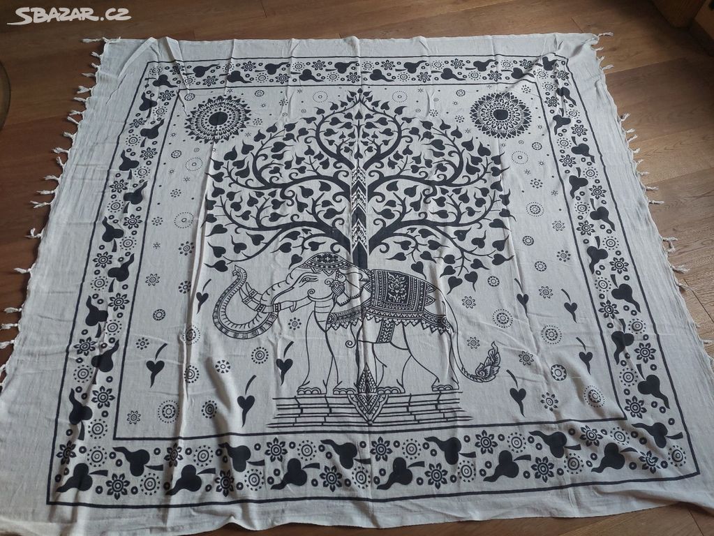 Indický přehoz 220x210 cm, bílý, slon/strom života