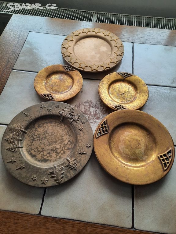 Kameninové, dekorativní, talíře, zlaté barvy, 5 ks