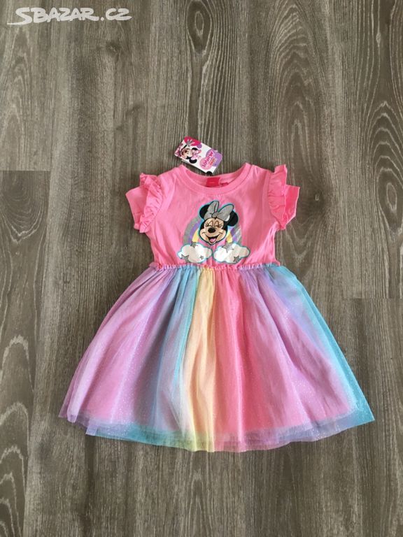 Nove. Růžovo-barevné šaty s Minnie Disney vel 98