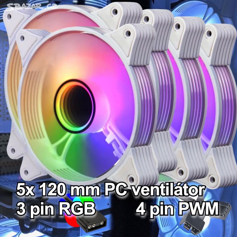 Bílý RGB PC větráček ventilátor 120mm 5V PWM (5x)