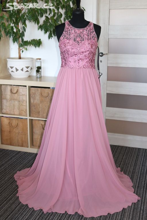 Nové dlouhé šaty na svatbu vel.34 tmavě růžové