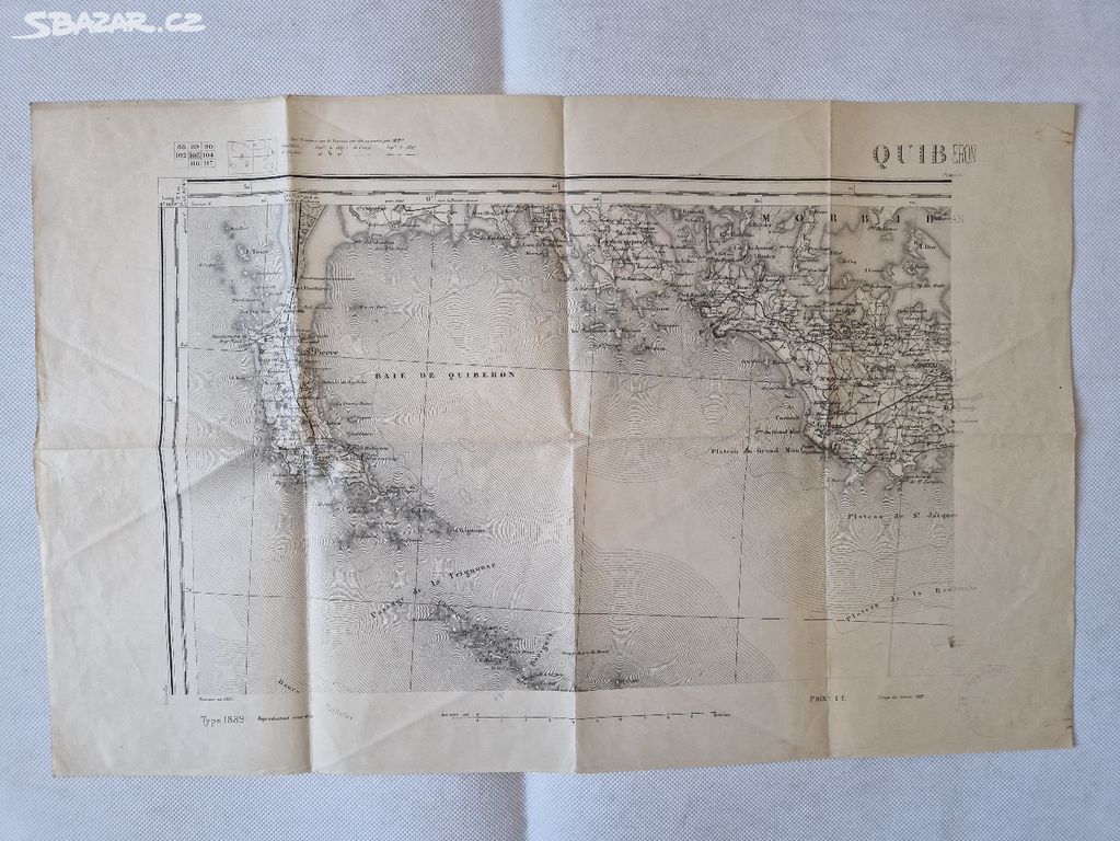 Stará mapa poloostrov záliv Quiberon Francie 1889