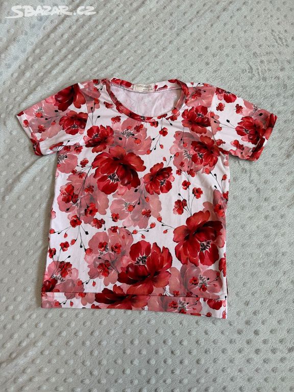 handmade tričko červené květy  -116/122