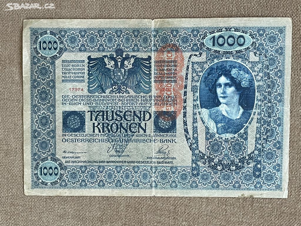 Bankovka 1000 korun, RU, FJI, 1902 s přetiskem