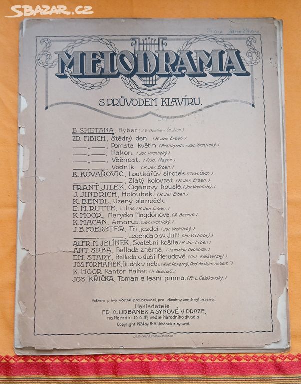 Staré noty Melodrama Rybář, Bedřich Smetana, 1924