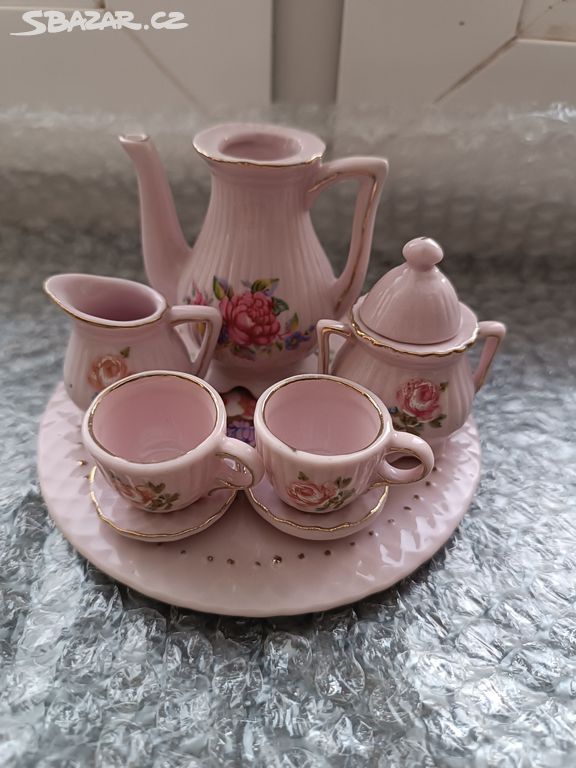 Růžový porcelán - mini dekorační - 9 kusů, zlacený