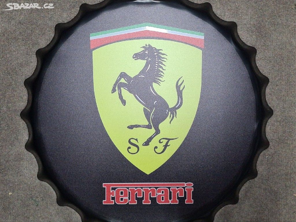 Velká plechová retro cedule pivní zátka FERRARI