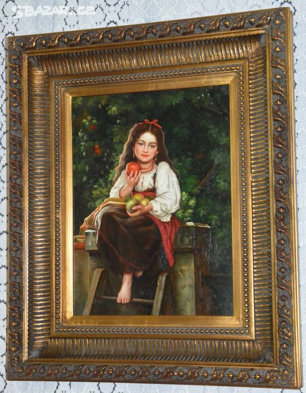 Zámecký obraz - Dívka s jablky - olej na desce