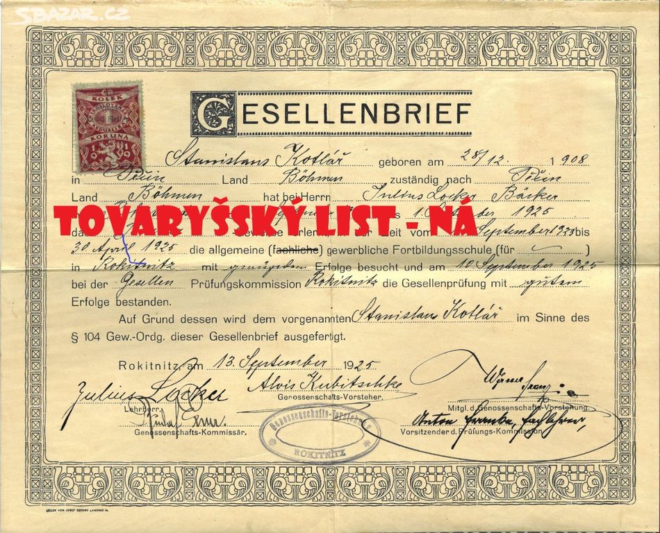 Tovaryšský list pekaře, 1925, Pěčín, Rokytnice