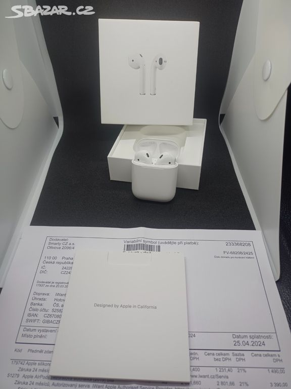 Bezdrátová sluchátka Apple AirPods, zánovní,záruka