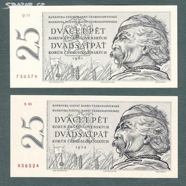Staré bankovky 25 kčs 1958 a 1961 OBĚ VERZE