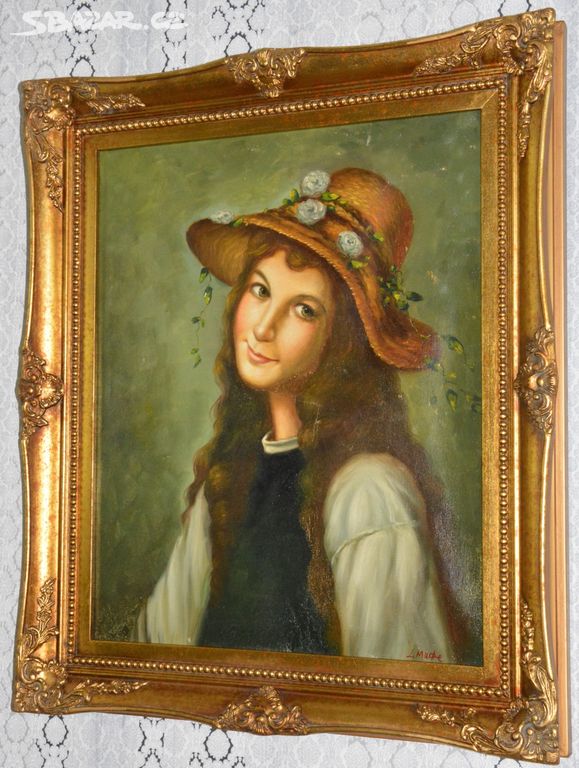 Zámecký obraz - Dívka s kloboukem - olej na plátně