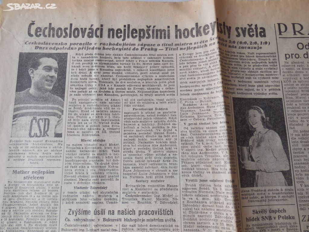 Noviny z 22.2.1949 zprava o vítězství MS v hokeji