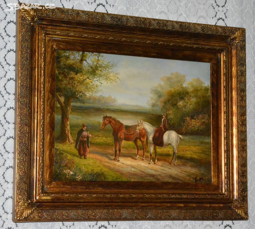 Zámecký obraz - Koně - olej na desce