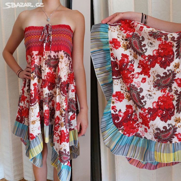 Letní šaty bez ramínek červené vzorované