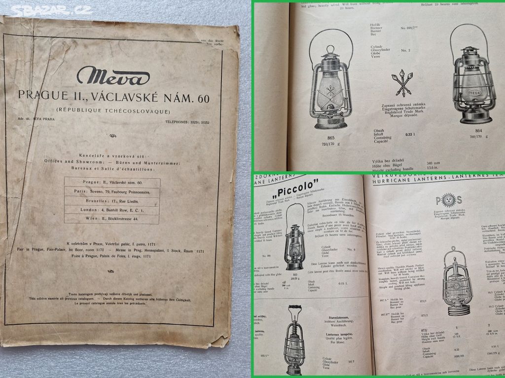 Starý reklamní katalog Meva Praha 1930 petrolejky