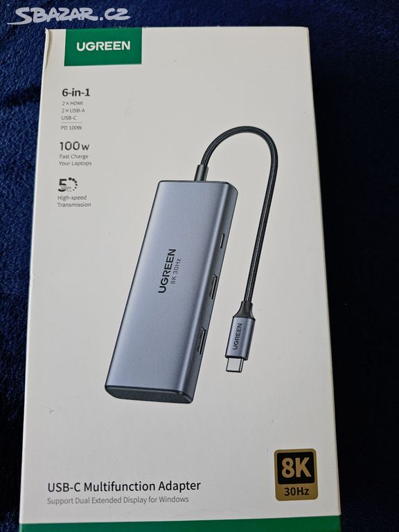 USB HUB-UGREEN 6 v 1, 8K, 100W charge,USB-C adapte