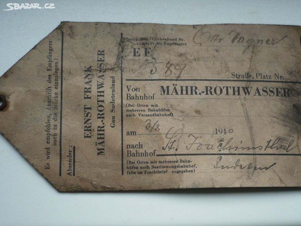 železnice Jáchymov 1940 stará visačka ke kufru