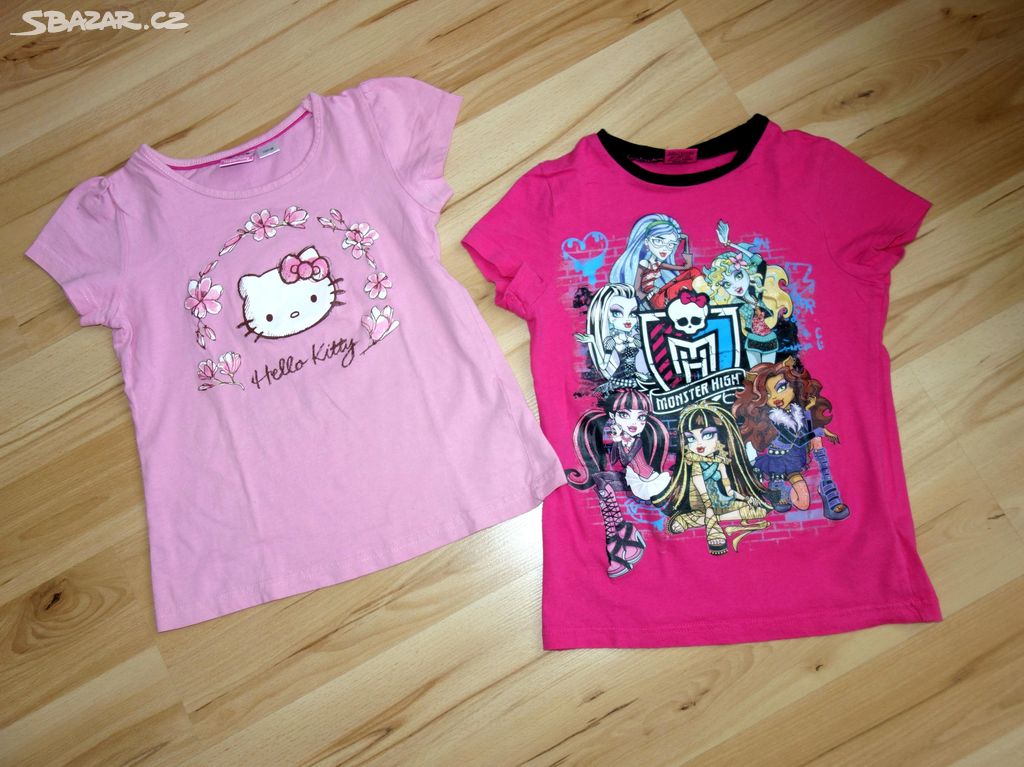 2 x tričko Monster High, Hello Kitty 122 / 128