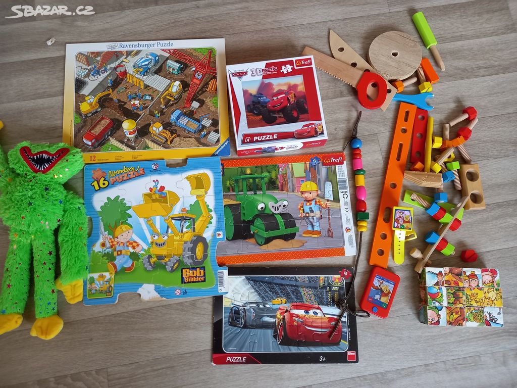 Dřevěné hračky, puzzle, kostky, 11 kusů