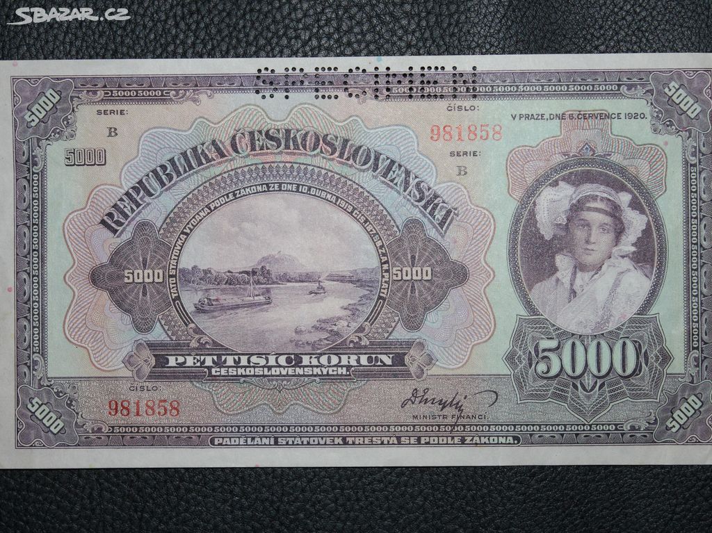 5000 Kčs 1920 serie B perforace SPECIMEN