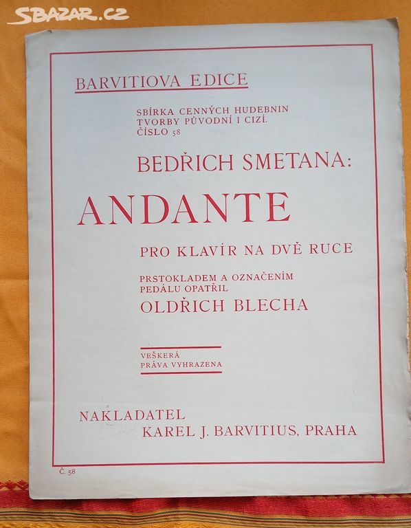 Staré noty Andante, B. Smetana, 1928