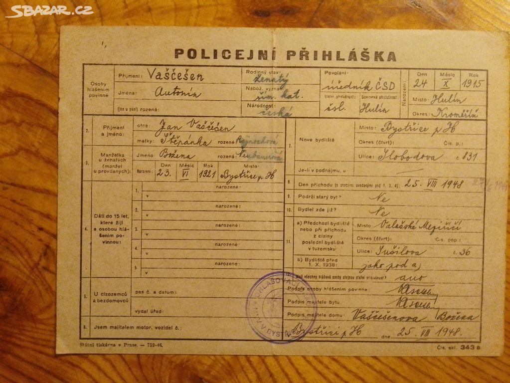 Policejní přihláška r.1948 Bystřice pod Hostýnem