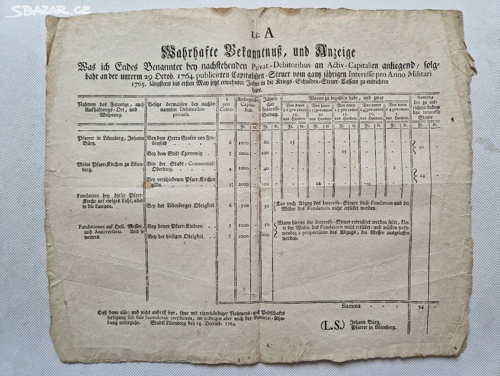 Starožitný tisk tabulka z roku 1765 dlužníci daně