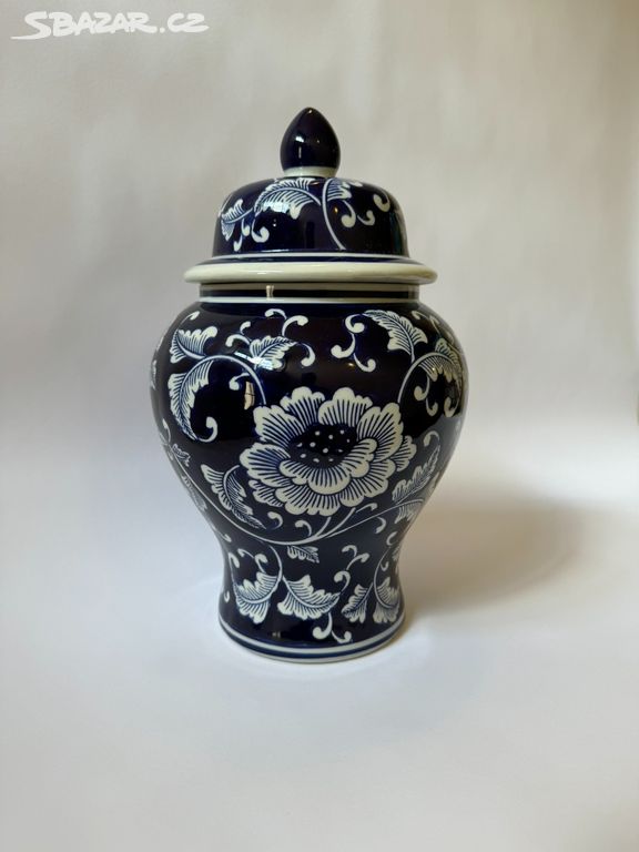 Porcelánová váza s víkem 36 cm - kobaltová modř