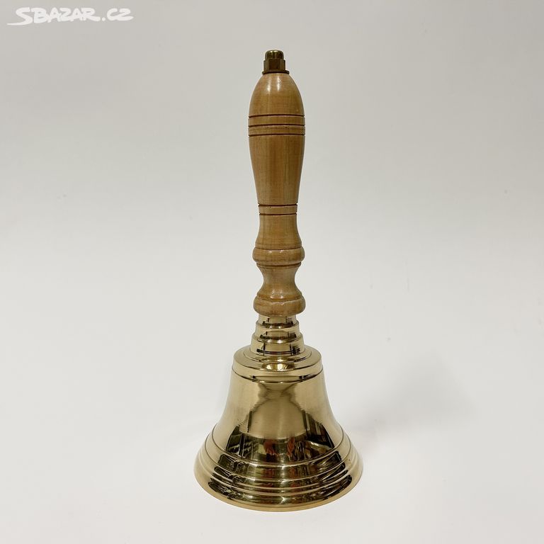 Mosazný recepční zvon s dřevěnou rukojetí v.23cm
