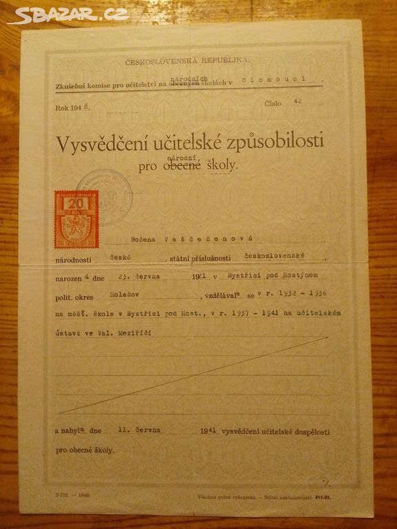 Staré vysvědčení učitelské způsobilosti r.1948