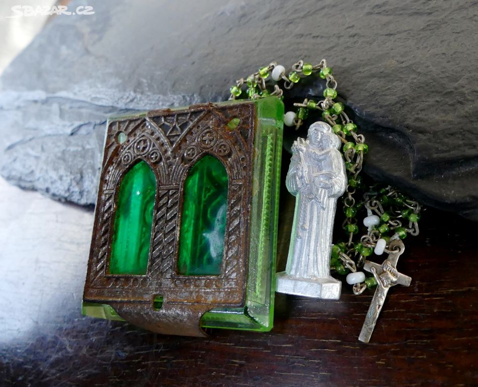 Škapulíř s růžencem a Svatým Antonínem zelené sklo