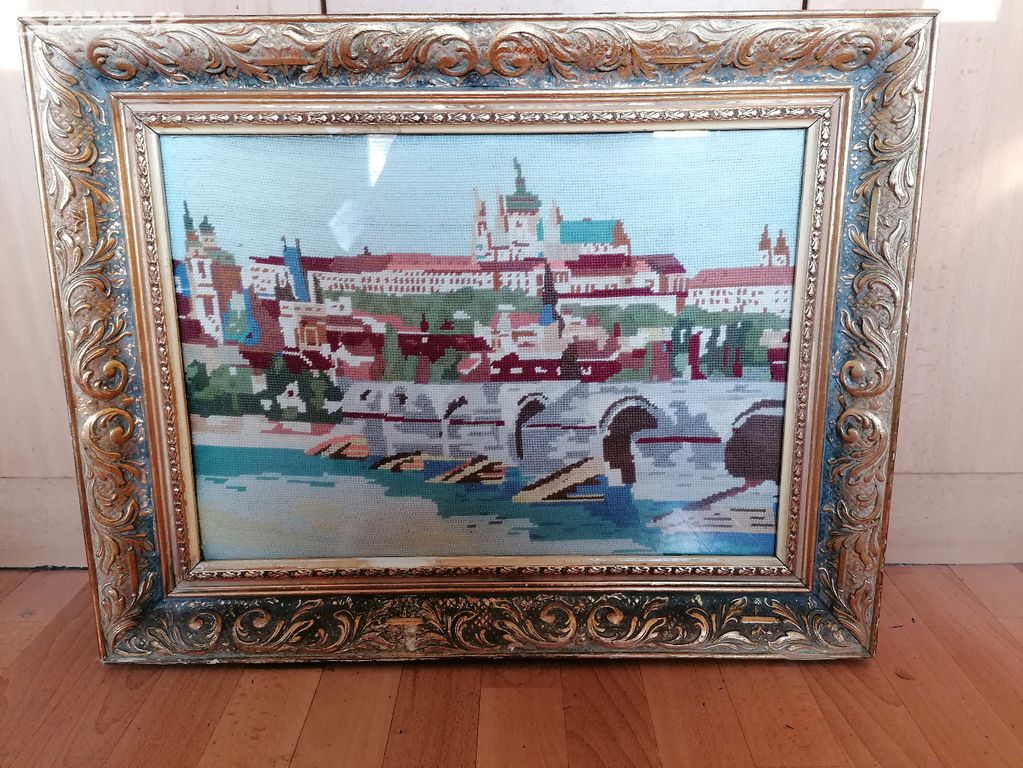 Ručně vyšívaný obraz Praha, Hradčany, Karlův most