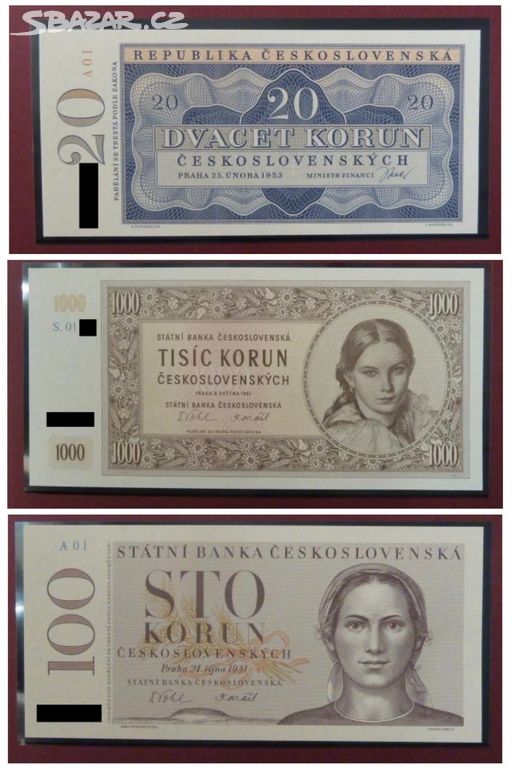Nevydané bankovky 20, 100, 1000 Kčs - STC, ČNB