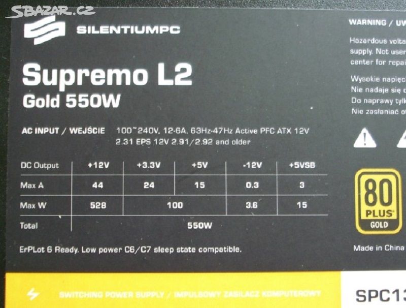 zdroj SilentiumPC Supremo L2 Gold 550 W, v záruce