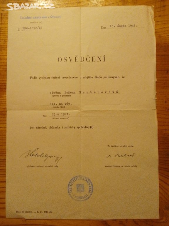 Stará listina Osvědčení o spolehlivosti r.1946