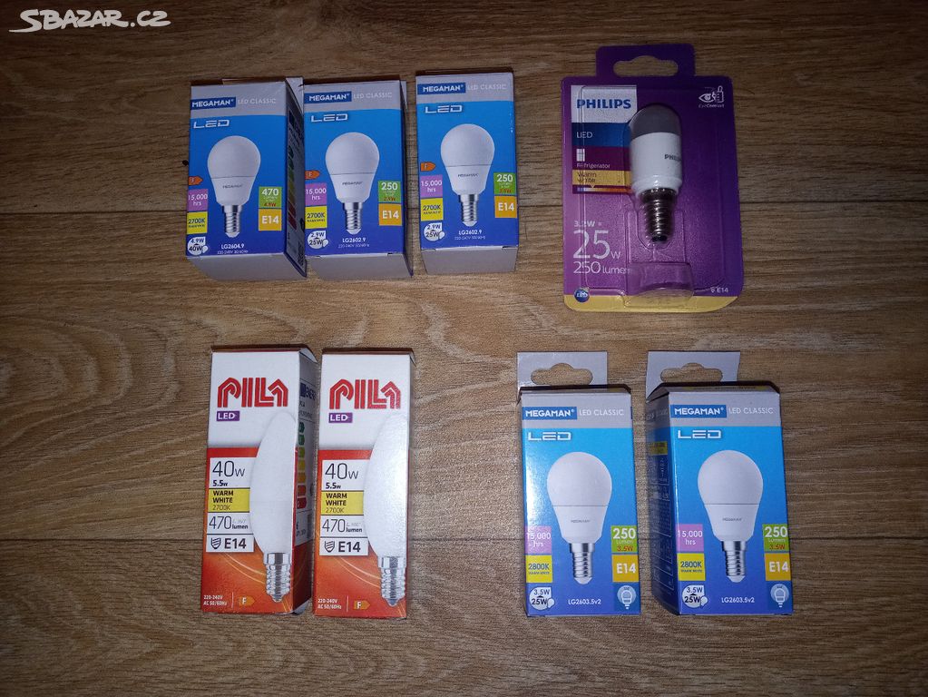 Různé nové LED žárovky se závitem E14