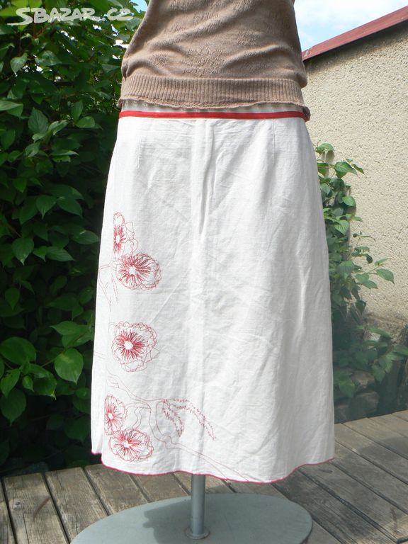 Lněná letní sukně s výšivkou zn. S.E.A.L, vel. 44.