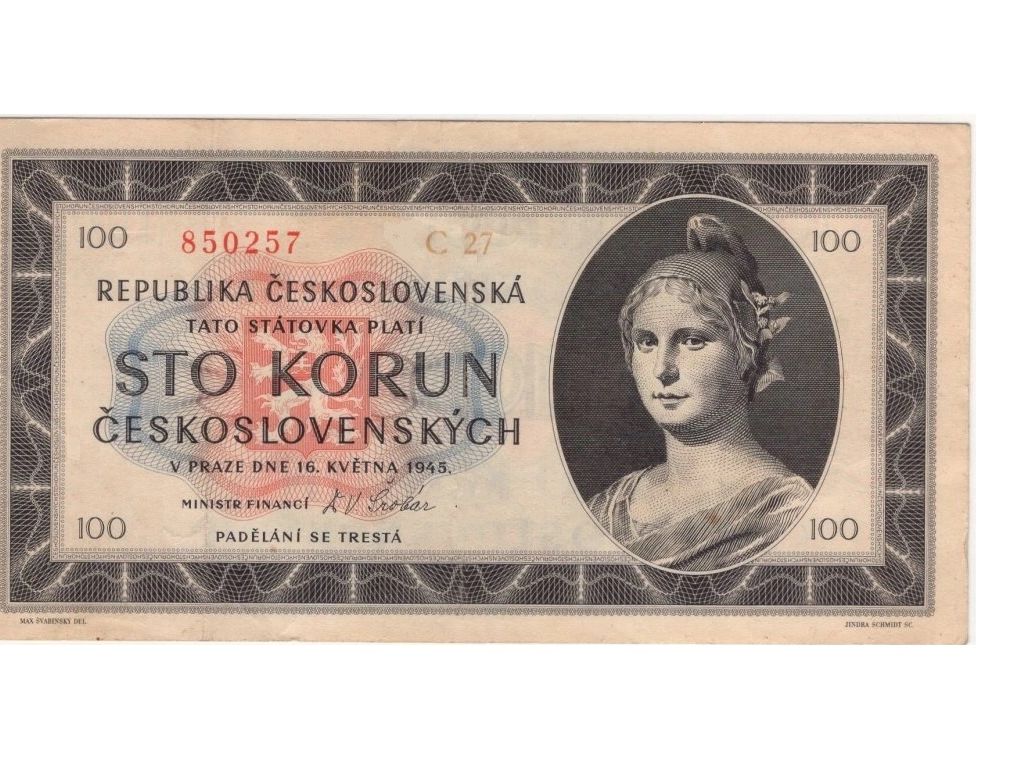 bankovka 100 korun 1945 Československo neperfor.
