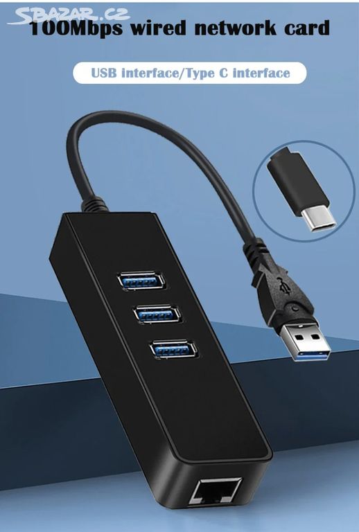 3-portovy USB hub USB3.0 + 100Mbit RJ45