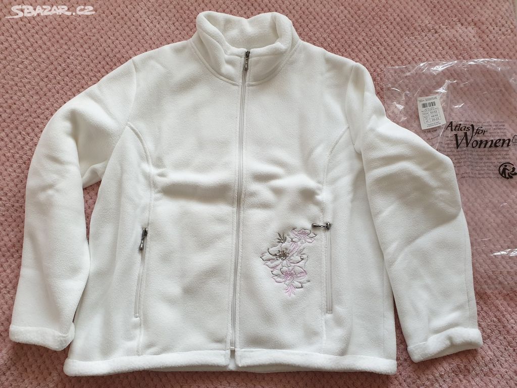 Bílá fleece mikina bunda s výšivkou květinky 50/52