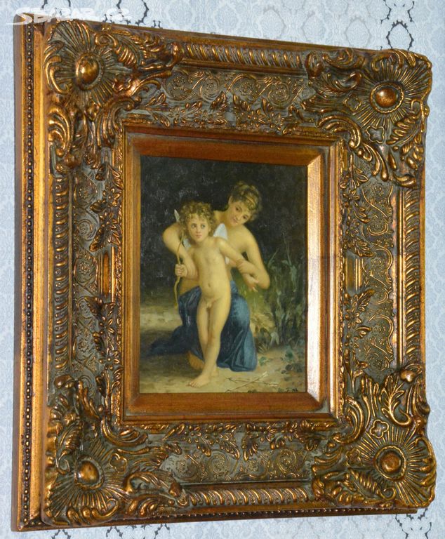 Zámecký obraz - Dáma s amorkem - olej na desce