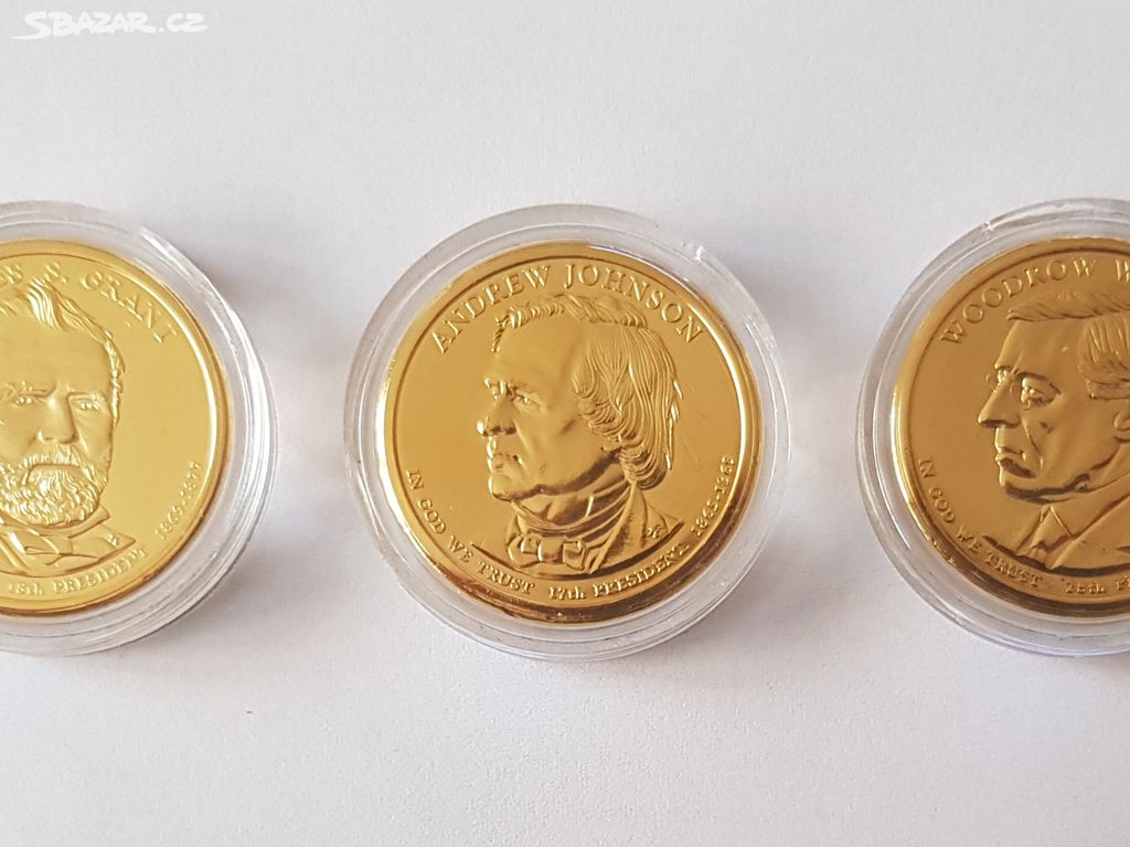 Pozlacené pamětní mince - 3ks - USA prezidenti