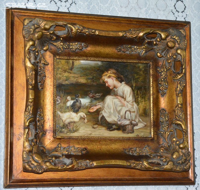 Zámecký obraz - Dívka s kačenami - olej na desce