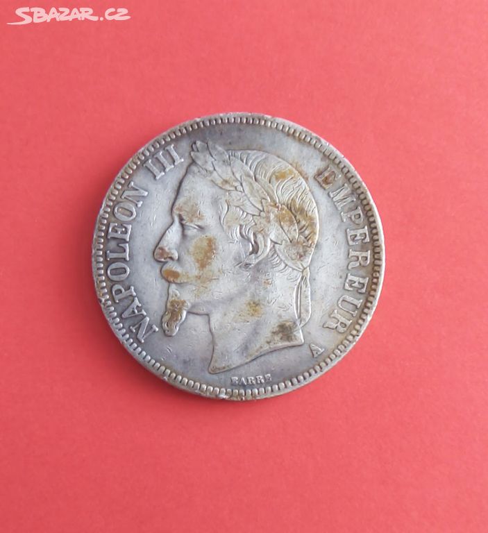 Francie - stříbrný 5 Frank 1868 A - Paříž