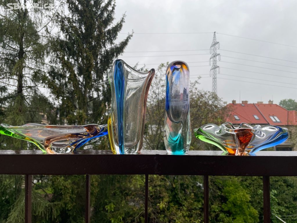 Sada hutní sklo, váza miska František Zemek